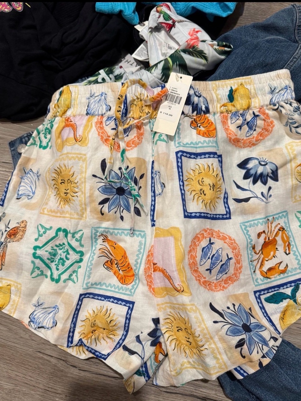 Anthropologie Printed Linen-Blend Summer Shorts fish new